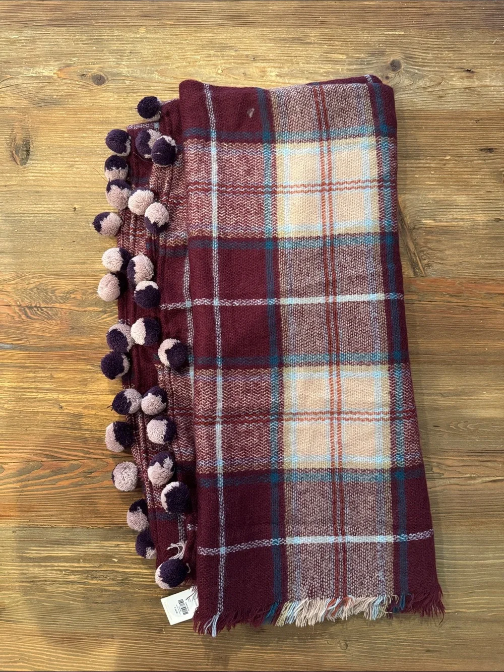 Francesca's Collections Burgundy Plaid Wrap with Pom Trim